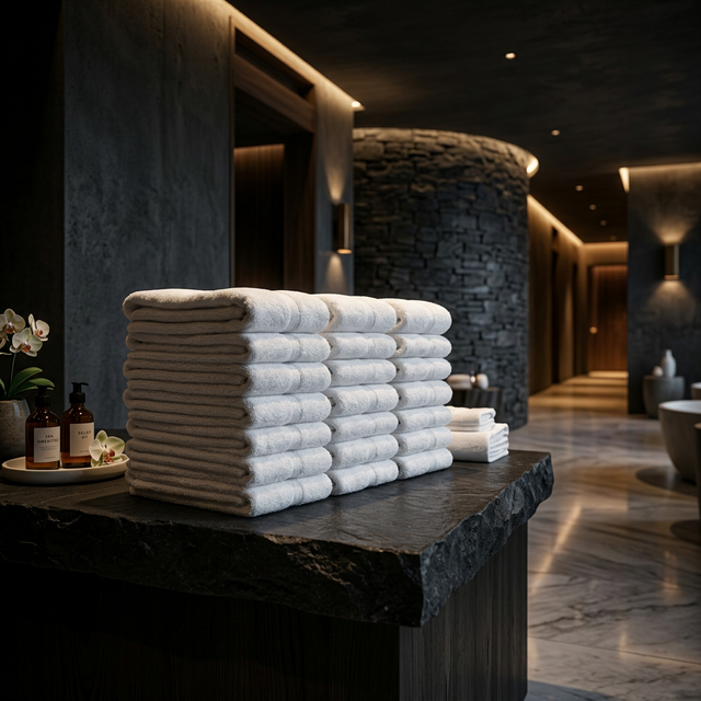 Stacked clean white gym towels at a Toronto fitness facility